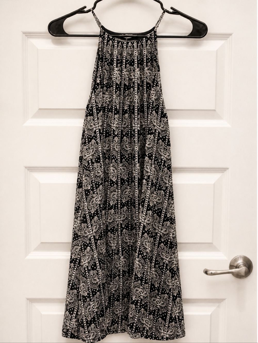Boho Black White Print Mini Dress Flowy Spaghetti Strap Summer Tunic Small